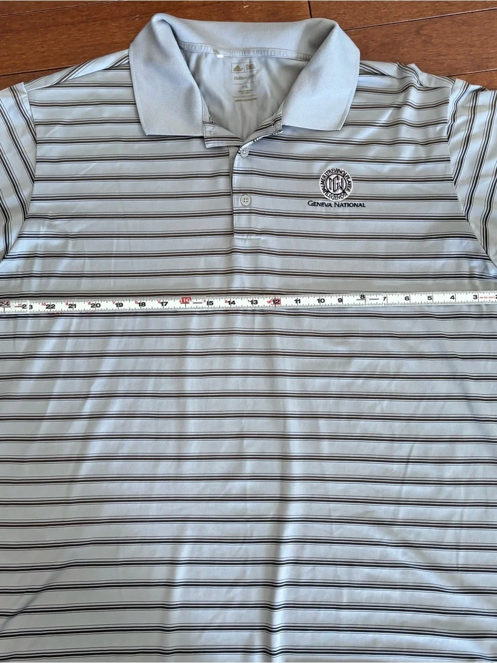 adidas Geneva National Golf Men's Light Blue Polo with Navy Stripes